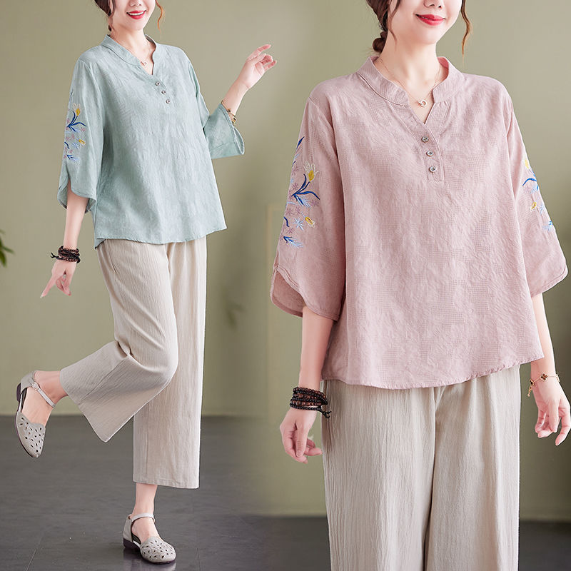 洋氣棉麻七分袖